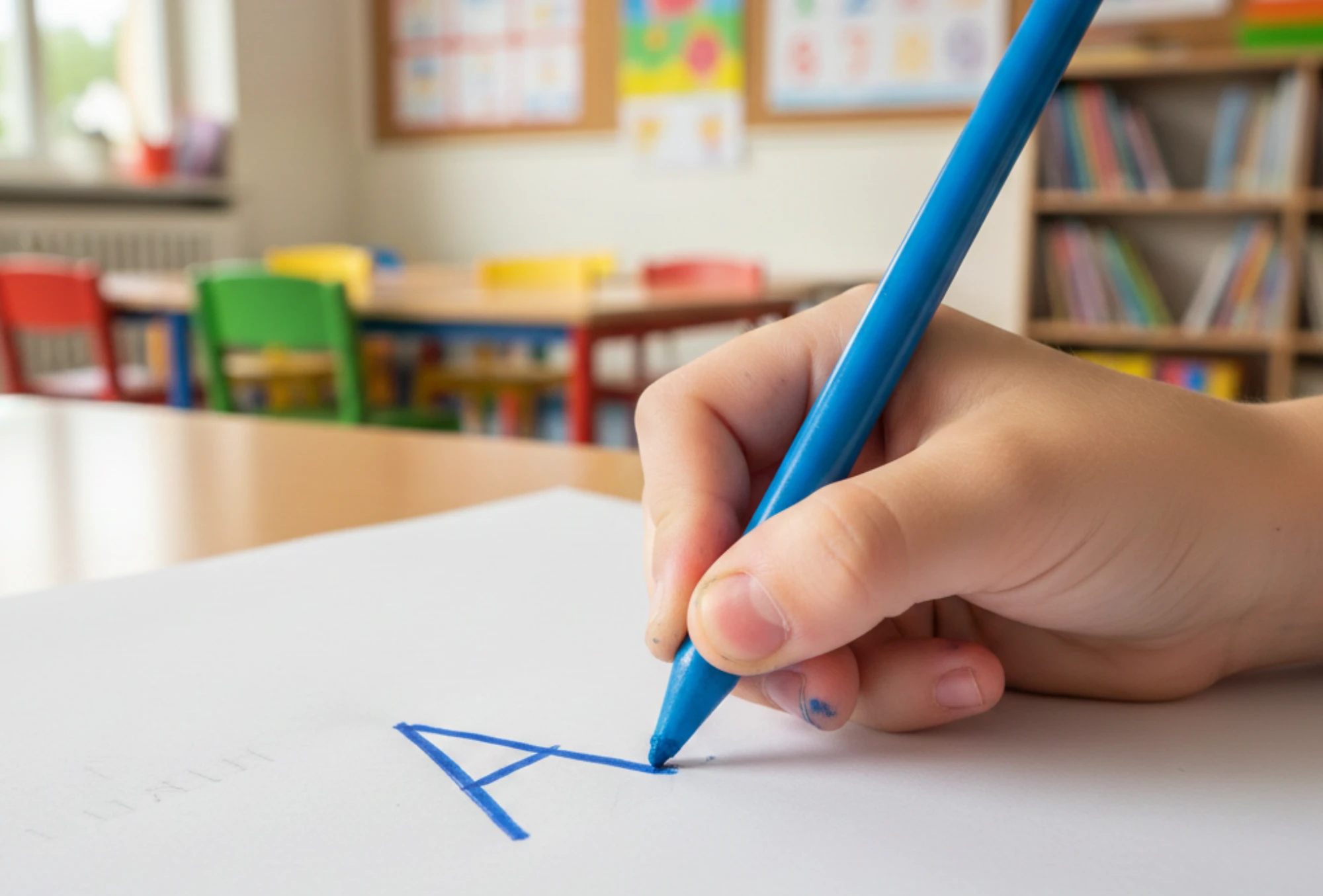 Kinderhand schreibt ein A
